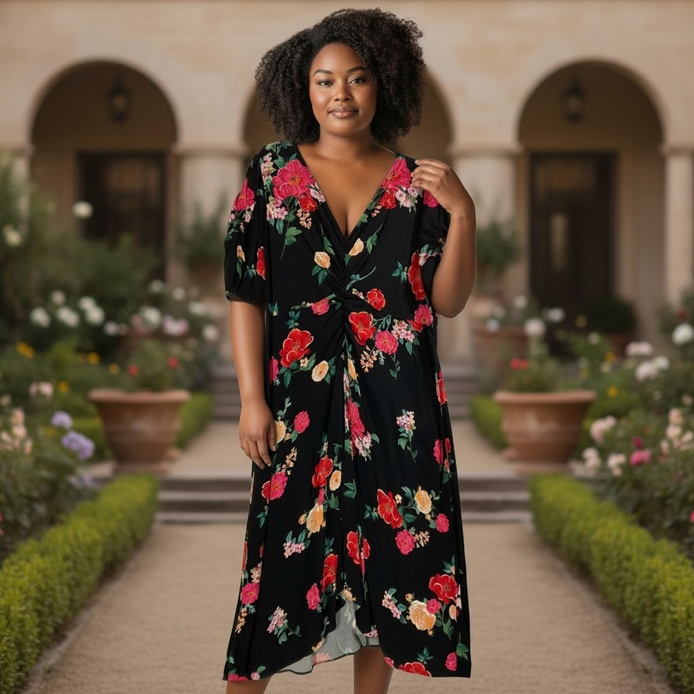 Old Navy Maxi Dress Women 2X Black Floral Ruched Puff Sleeve Cottagecore